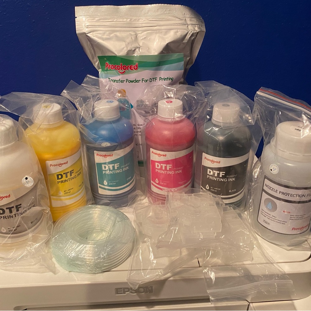 DTF Procolored Inks & white transfer powder with other DTF supplies.